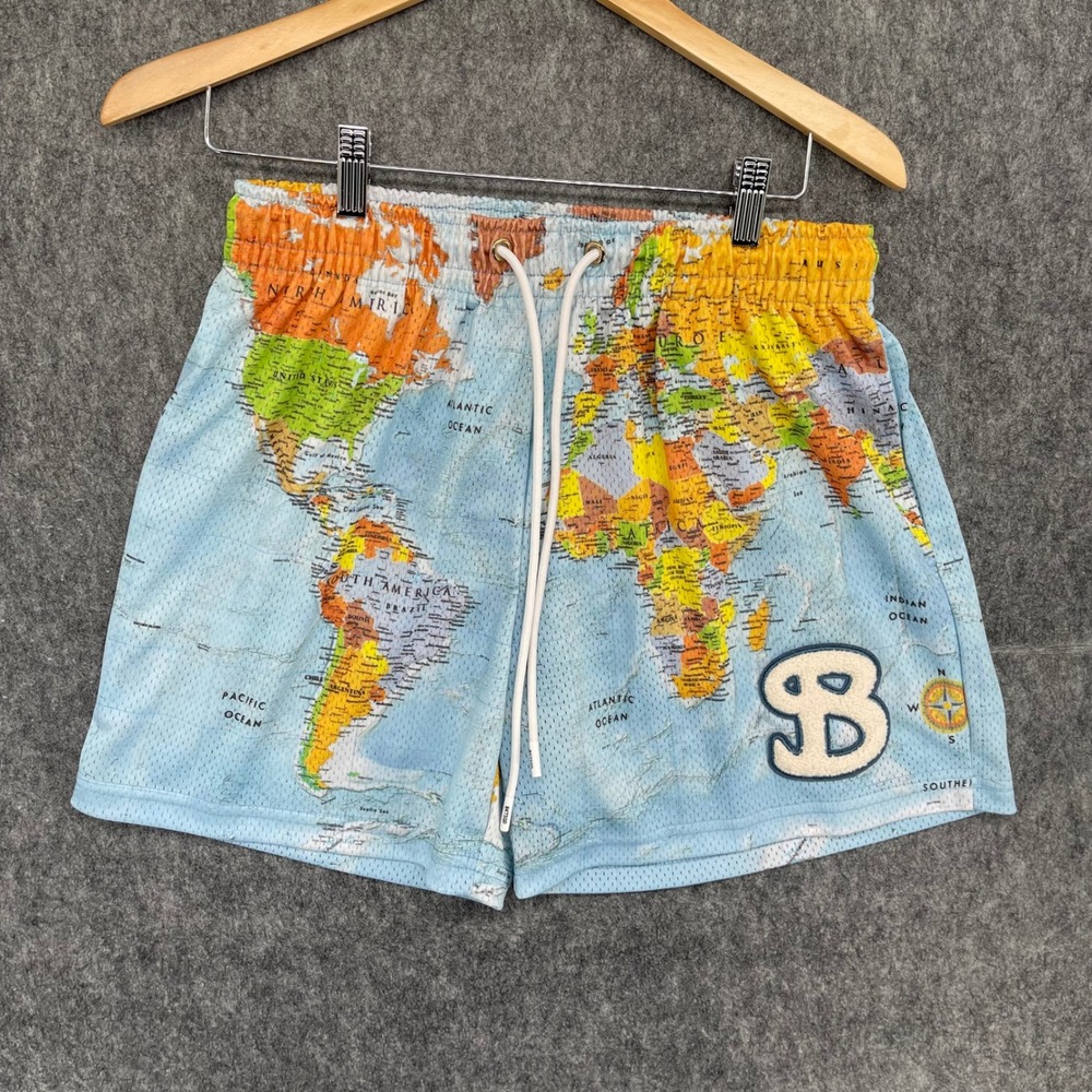 BKTSQD Shorts Mens Large World Map Mesh Athletic Shorts Blue Chenille Patch